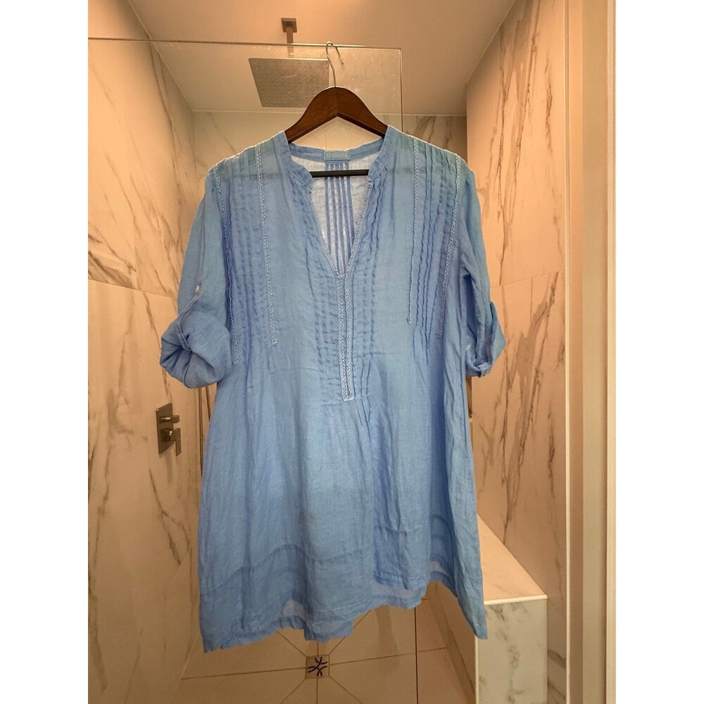 CP SHADES Regina Tunic Top Light Blue Size Small Cotton Lagenlook Natural